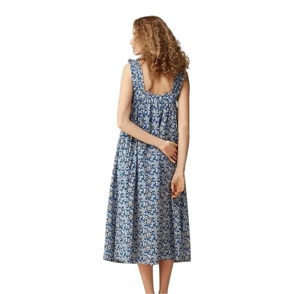 J. Crew Cotton Voile Ruffle-Trim Shift Midi Dress Cobalt Floral Size L NWT